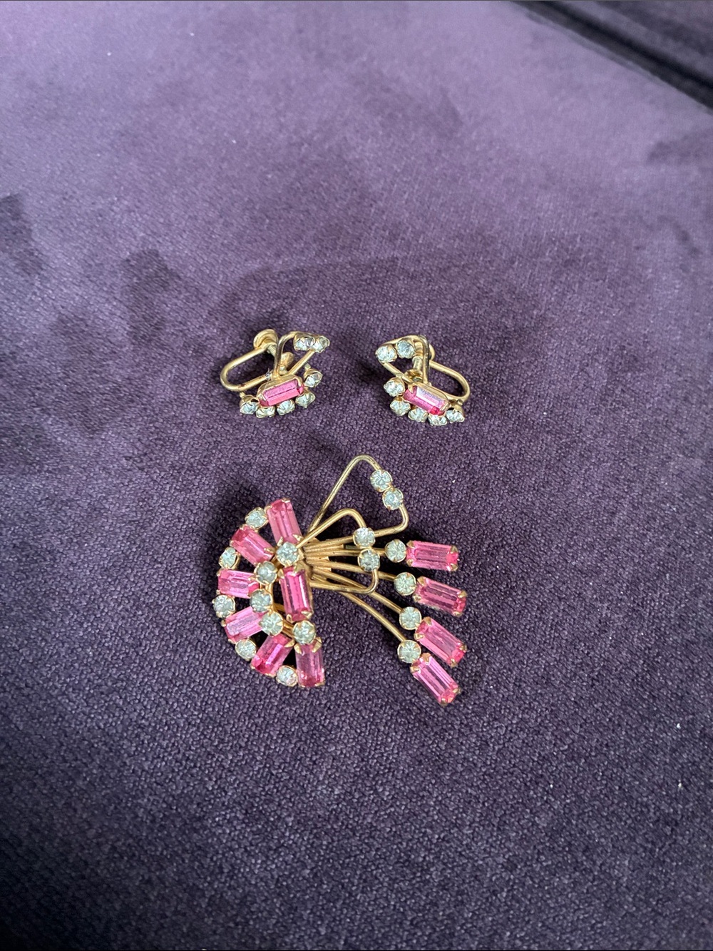 Antoinette 12K Gold-Filled Pink baguette Brooch with Matching Clip Earrings